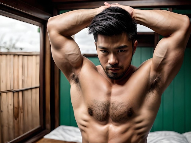 Un chico asiático musculoso posando y estirándose en un concepto de retrato de dormitorio