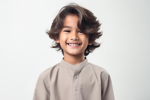 Un chico asiático sonriente viste un traje gris con un fondo blanco