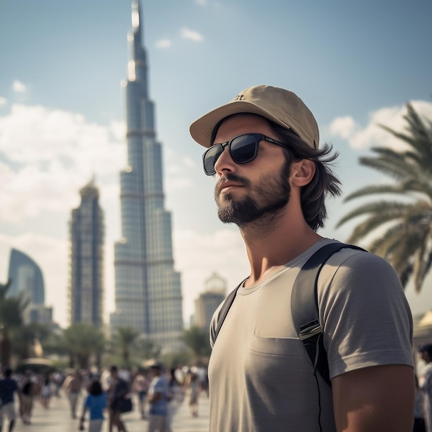 Un chico barbudo de 25 años delante de Burj Khalifa con IA generativa