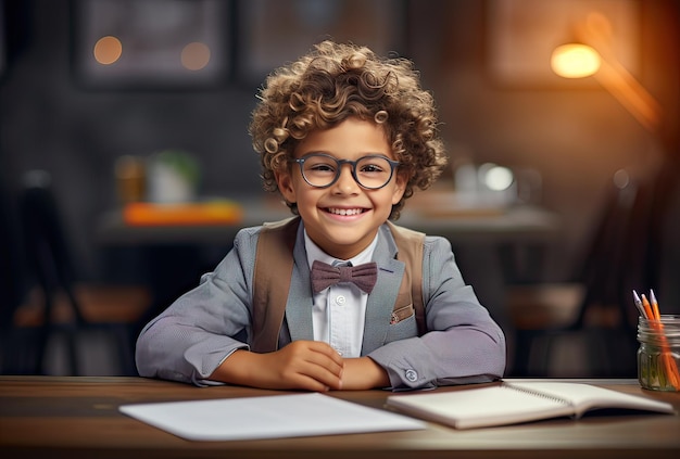 Chico bien vestido de pelo rizado haciendo concepto de estudio de tarea