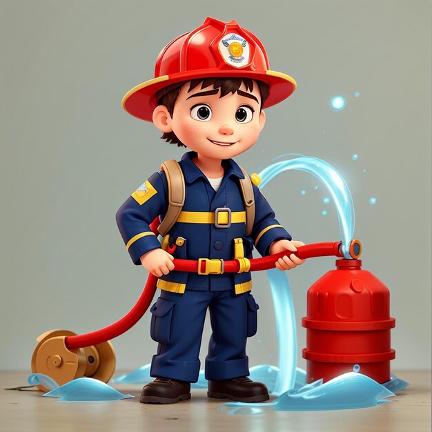 Foto chico bombero con mangueras icono de dibujos animados adorable