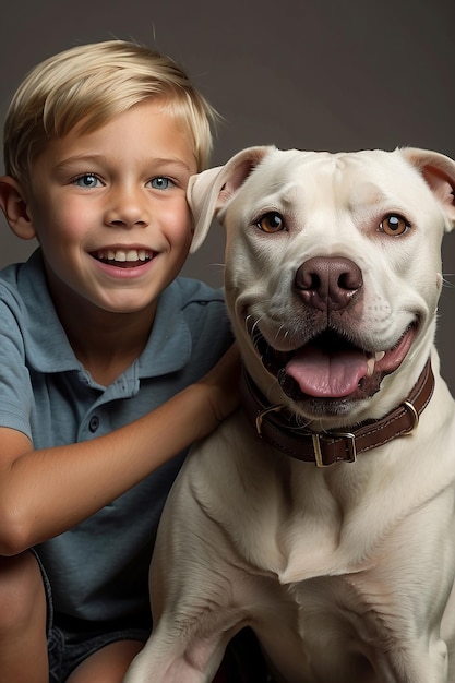 chico con cabello rubio y ojos grises de pie con su perro pitbull luciendo travieso