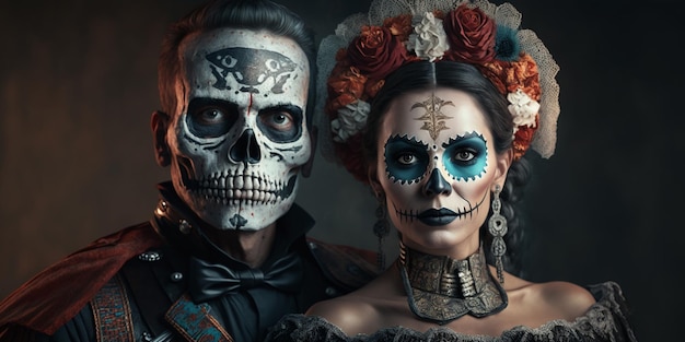Chico y chica asombrados con caras pintadas para halloween miran con miedo tiro de pareja en trajes nacionales mexicanos