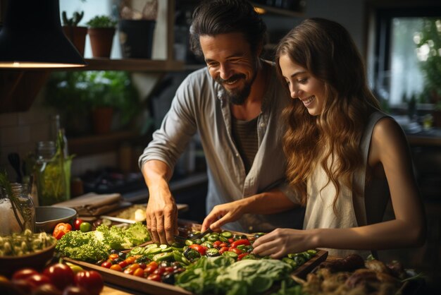 Foto un chico y una chica cocinan juntos en su cocina