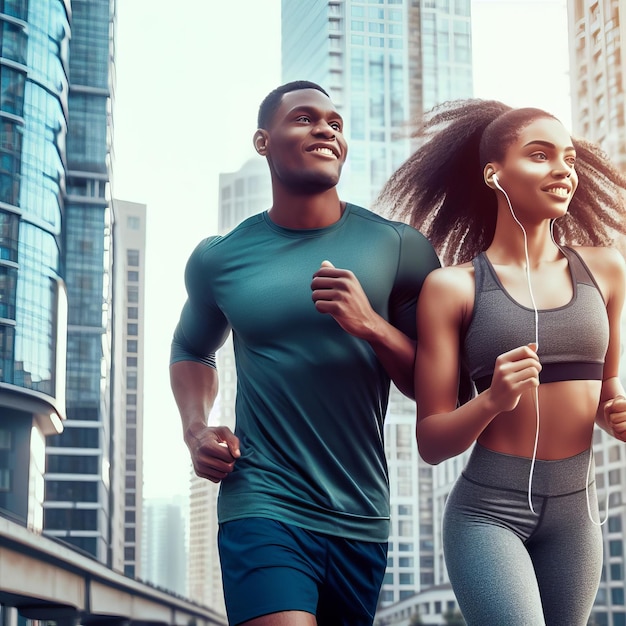 Un chico y una chica están corriendo por la ciudad concepto de salud y fitness
