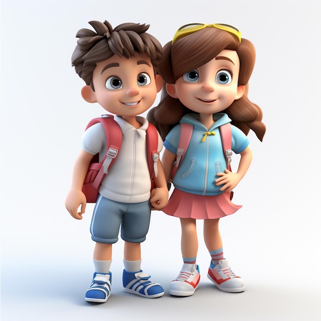 Chico y chica lindos en 3D sonriendo juntos