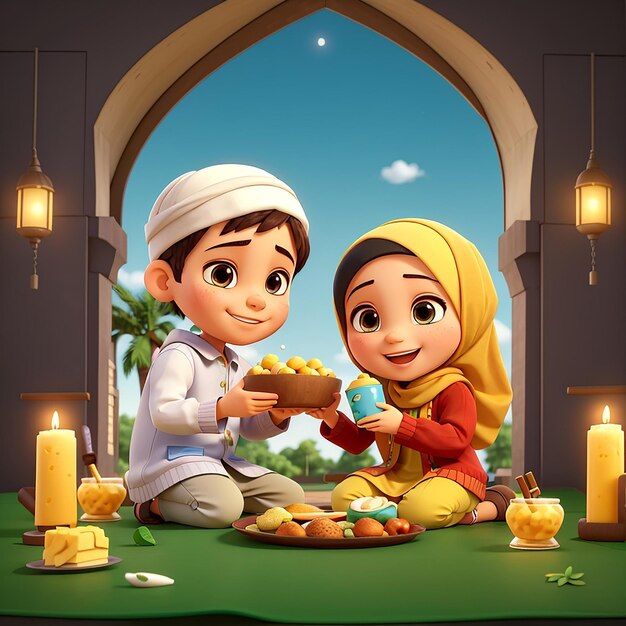 Foto chico y chica musulmanes rompen el ayuno juntos ilustración de icono vectorial de dibujos animados gente icono de comida concepto aislado estilo de dibujus animados plano vectorial premium