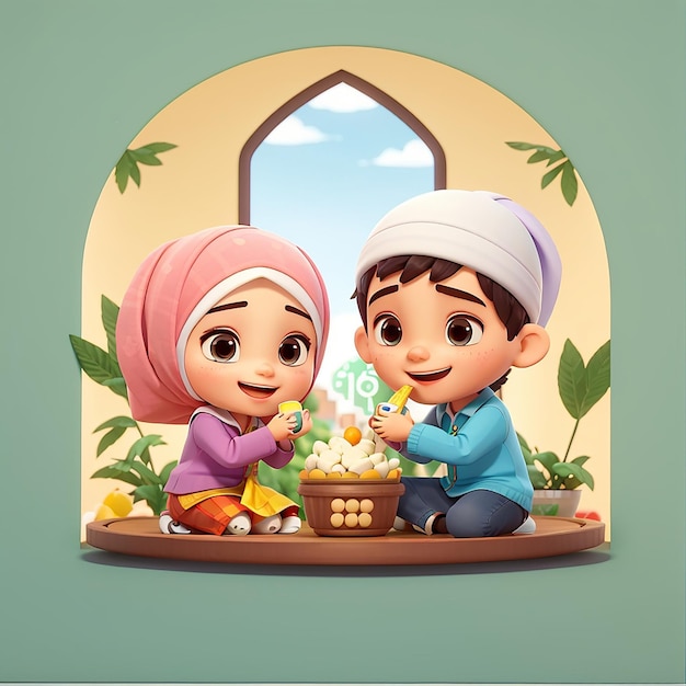 Foto chico y chica musulmanes rompen el ayuno juntos ilustración de icono vectorial de dibujos animados gente icono de comida concepto aislado estilo de dibujus animados plano vectorial premium