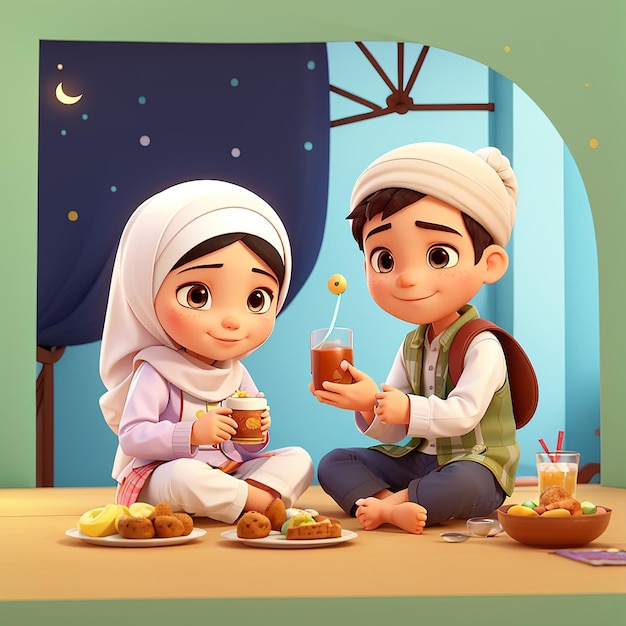 Foto chico y chica musulmanes rompen el ayuno juntos ilustración de icono vectorial de dibujos animados gente icono de comida concepto aislado estilo de dibujus animados plano vectorial premium