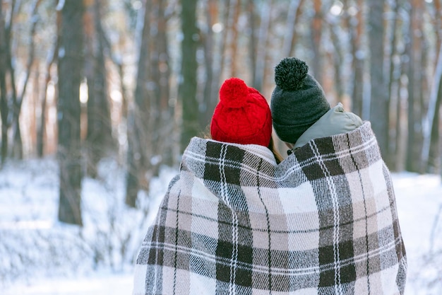 Chico y chica con sombreros de punto con bubones en invierno en el parque están cubiertos con una manta cálida. Vista trasera. Copie el espacio.