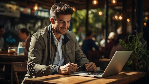 Chico colombiano con una computadora portátil en un café Estilo de vida digital en Colombia Generado por IA