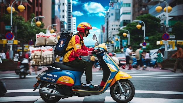 Chico de la comida entregando comida en scooter