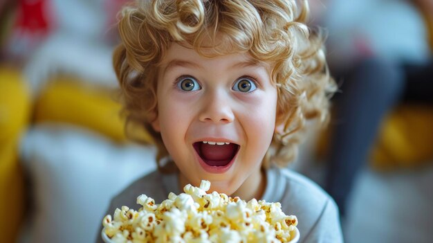 Foto el chico se comió un cubo de palomitas de maíz y se rompió en pedazos pequeños