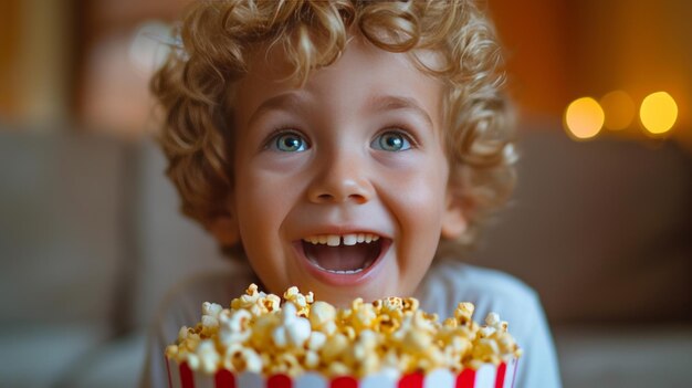 Foto el chico se comió un cubo de palomitas de maíz y se rompió en pedazos pequeños