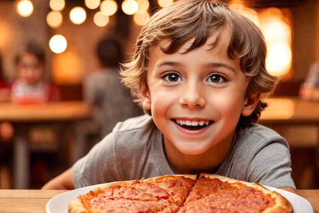 El chico está comiendo pizza en un restaurante o pizzería