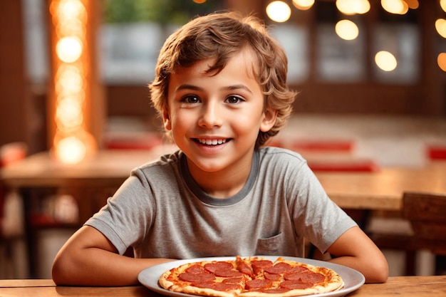 El chico está comiendo pizza en un restaurante o pizzería