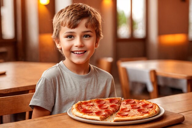 El chico está comiendo pizza en un restaurante o pizzería