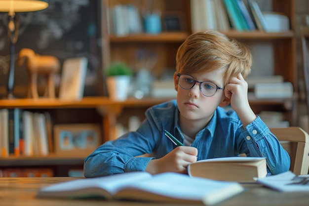 El chico está haciendo la tarea en la sala de estar en casa.