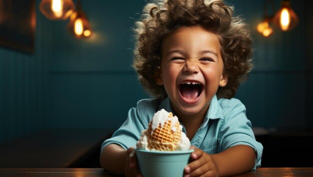 Chico feliz con el cabello rizado disfrutando de un cono de helado