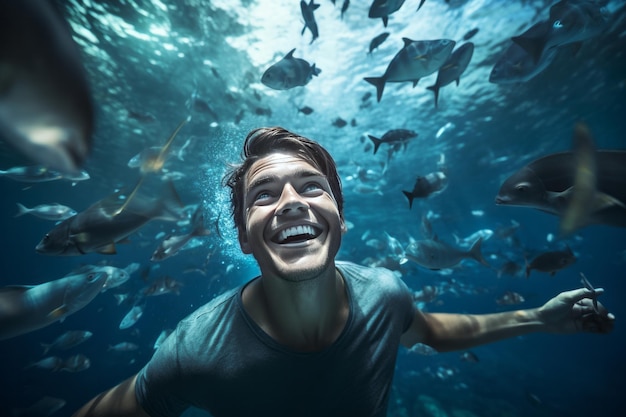 Chico feliz en el mundo marino del acuario generativo ai