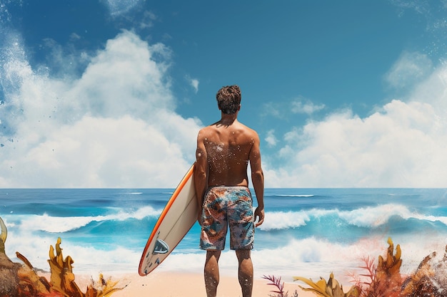 Chico feliz en ropa de playa con tabla de surf