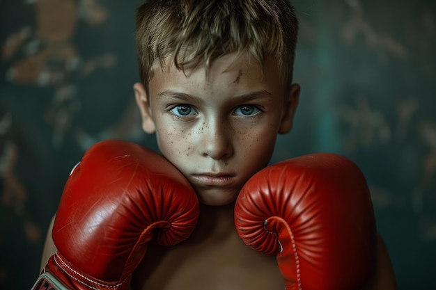 Un chico flaco con guantes de boxeo mira a la cámara