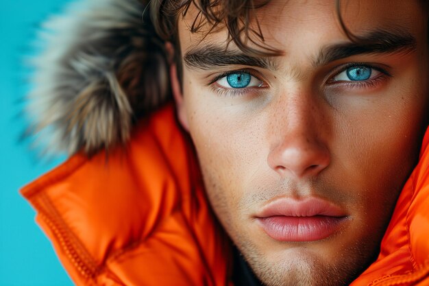 Un chico guapo con cabello rizado y grandes ojos azules con una chaqueta deportiva naranja