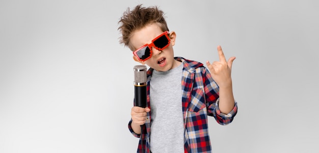 Un chico guapo con una camisa a cuadros, camisa gris y pantalones vaqueros se encuentra. Un niño con gafas de sol. El niño tiene un micrófono en la mano. El niño muestra una cabra mecedora.