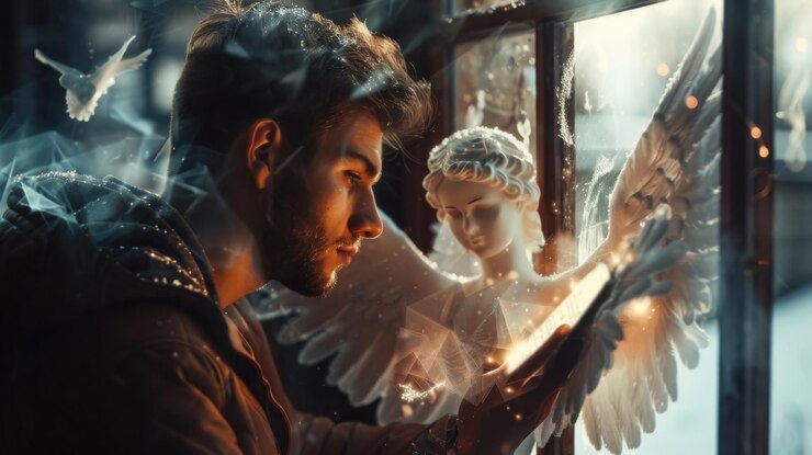 un chico guapo está hablando con un ángel brillante sin rostro que está de pie detrás de la ventana y sosteniendo un