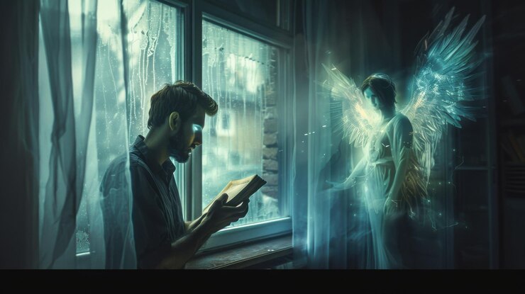 un chico guapo está hablando con un ángel brillante sin rostro que está de pie detrás de la ventana y sosteniendo un
