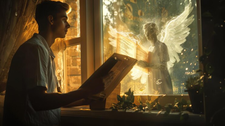 un chico guapo está hablando con un ángel brillante sin rostro que está de pie detrás de la ventana y sosteniendo un