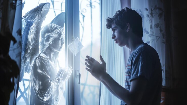 un chico guapo está hablando con un ángel brillante sin rostro que está de pie detrás de la ventana y sosteniendo un