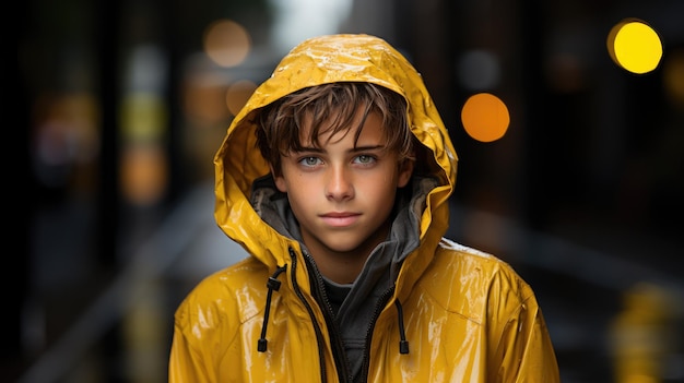 Un chico guapo con un impermeable amarillo.