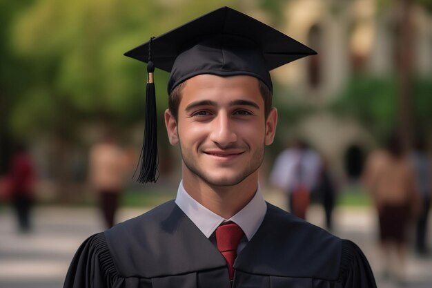 Chico guapo en su día de graduación con traje y gorra de graduación y posando frente a la universidad