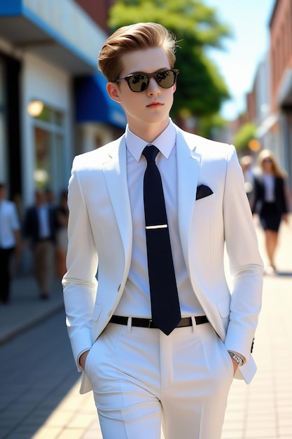 Un chico guapo en traje y gafas de sol está caminando por la calle soleada