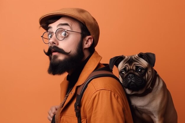 Foto chico hipster emocionado con su perro mirando a la izquierda en el logo guapo dueño de la mascota lleva pug negro y mirando