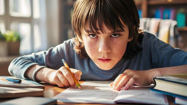 Un chico inteligente haciendo su tarea muy concentrado.