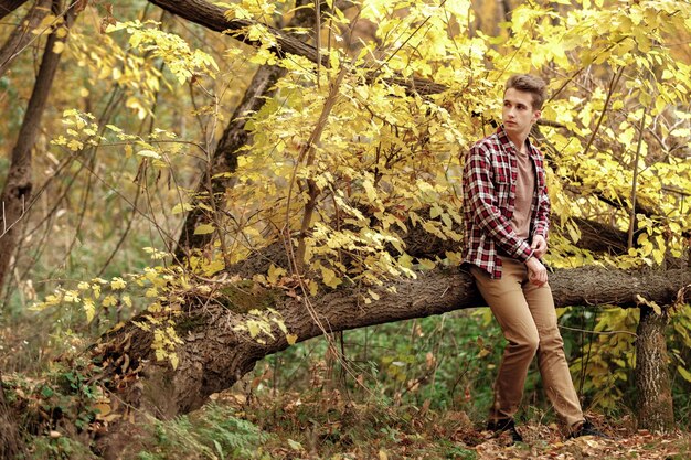 Chico joven guapo en camisa a cuadros sentado en el árbol en un día de otoño