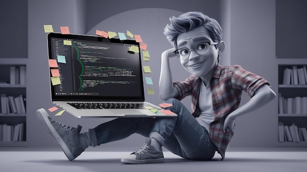 Chico joven guapo con gafas posando con su computadora portátil