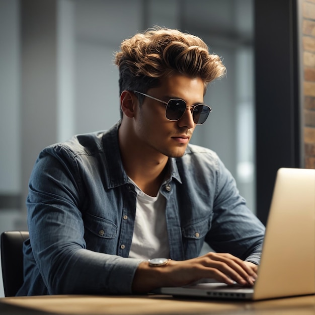 Chico joven sentado frente a una computadora portátil, un hombre que trabaja en una computadora independiente