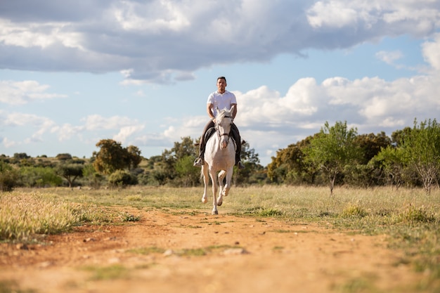 Chico joven en traje casual a caballo blanco en el camino arenoso