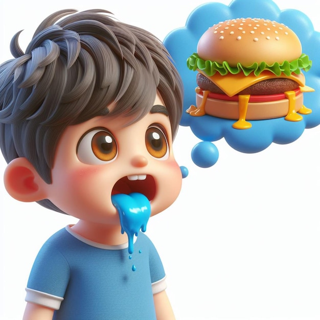 El chico lindo de 3D piensa en comida deliciosa