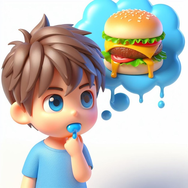 El chico lindo de 3D piensa en comida deliciosa