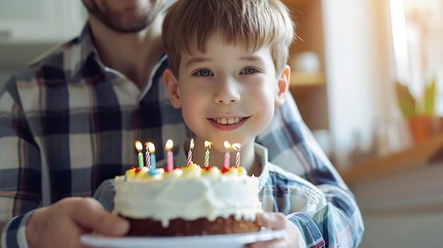 Chico lindo alegre con padre sosteniendo pastel de cumpleaños en casa IA generativa