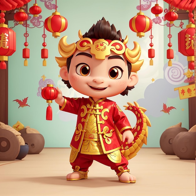 Chico lindo jugando al dragón Barongsai Año Nuevo Chino 2024 Icono vectorial de dibujos animados Ilustración Gente Icono de vacaciones Concepto aislado Estilo de dibuyos animados plano vectorial premium