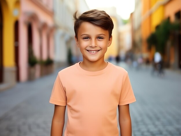 Chico lindo con maqueta de camiseta naranja vacía en blanco para plantilla de diseño