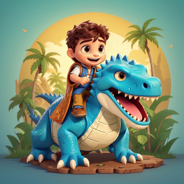 Foto chico lindo montando un dinosaurio icono de dibujos animados vectorial ilustración de personas icono de animales concepto aislado estilo de dibujo animado plano vectorial premium