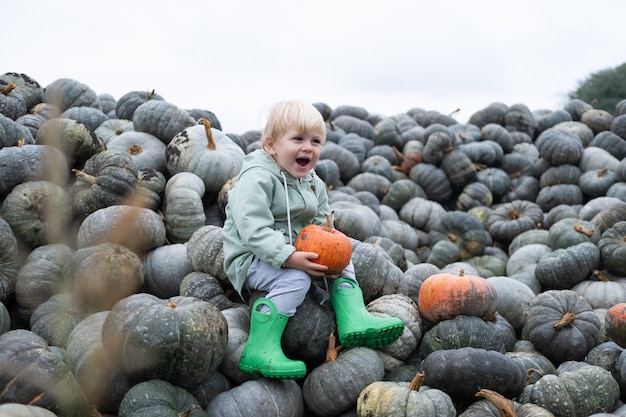 Chico lindo niño caucásico feliz sentado en un montón de calabazas. temporada de otoño, cosecha de calabaza.