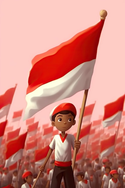 Chico lindo sosteniendo la bandera de Indonesia icono de dibujos animados ilustración concepto aislado estilo de dibujos animados plana
