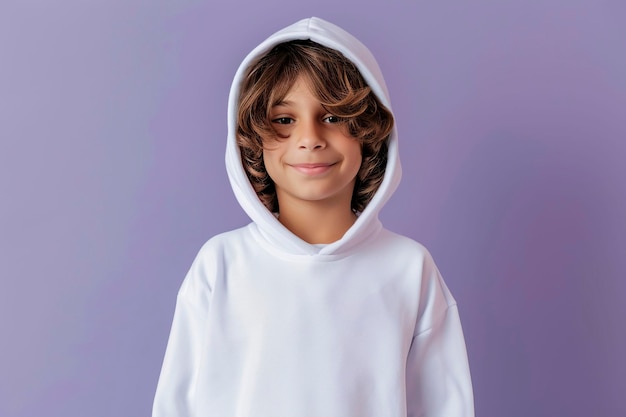 Chico lindo con una sudadera blanca sobre un fondo púrpura Maqueta de sudadera para niños